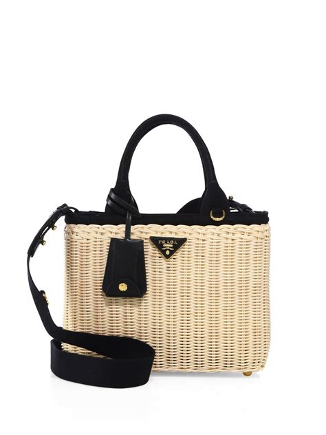 prada midollino large leather trimmed canvas and wicker tote|Prada Totes for Women .